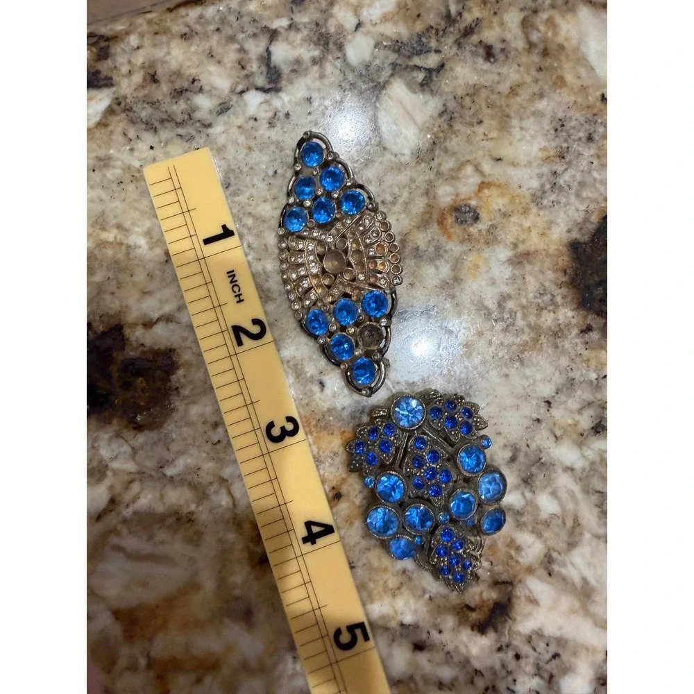Vintage Art Deco Dress Clip Brooch Set Blue Rhinestone Filigree LN Signed 4pc